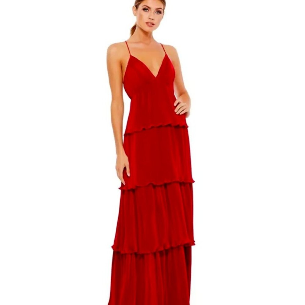 Nwt Mac Duggal Ieena Red Strappy Ruffle Tiered Gown 4 Msrp $358